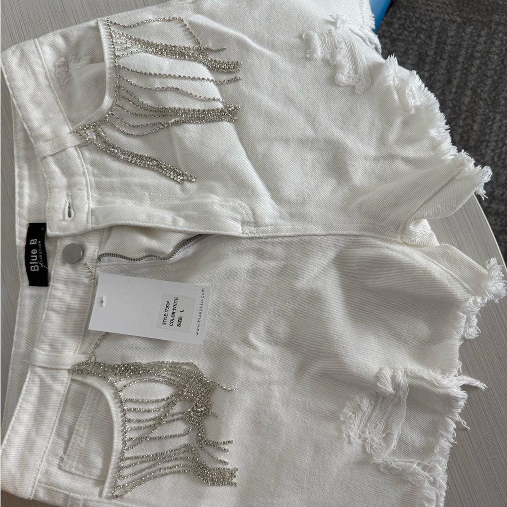 Pink Lily White Jean Shorts with Silver Accents